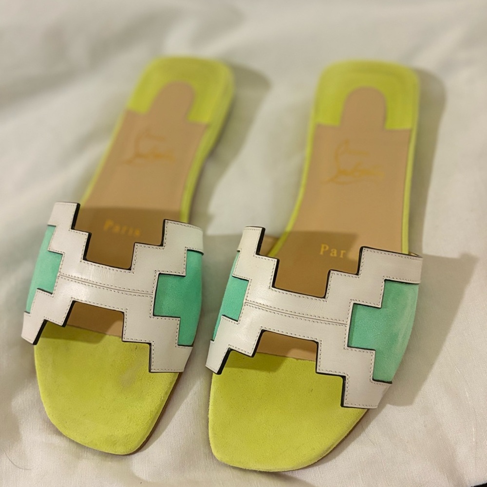 Christian Louboutin White and Green Slide Sandals